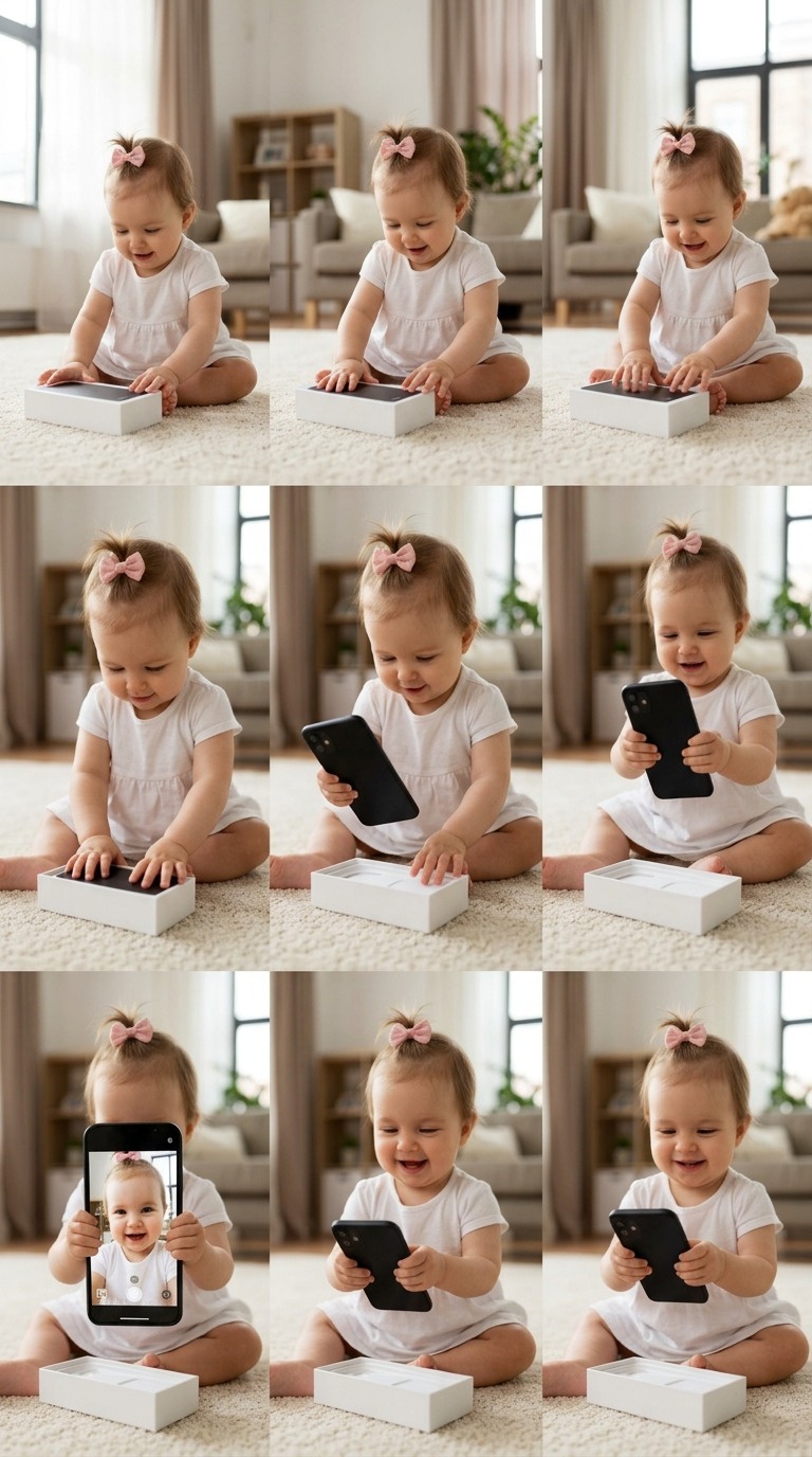 Realistic Baby Girl Playing With Smartphone and Capturing Selfie Moment AI video prompt