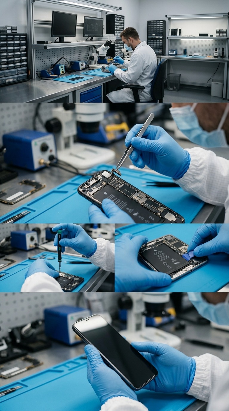 AI Smartphone Repair Workshop: Precision Technician Restoring a Modern Phone in a High-Tech Lab AI video prompt