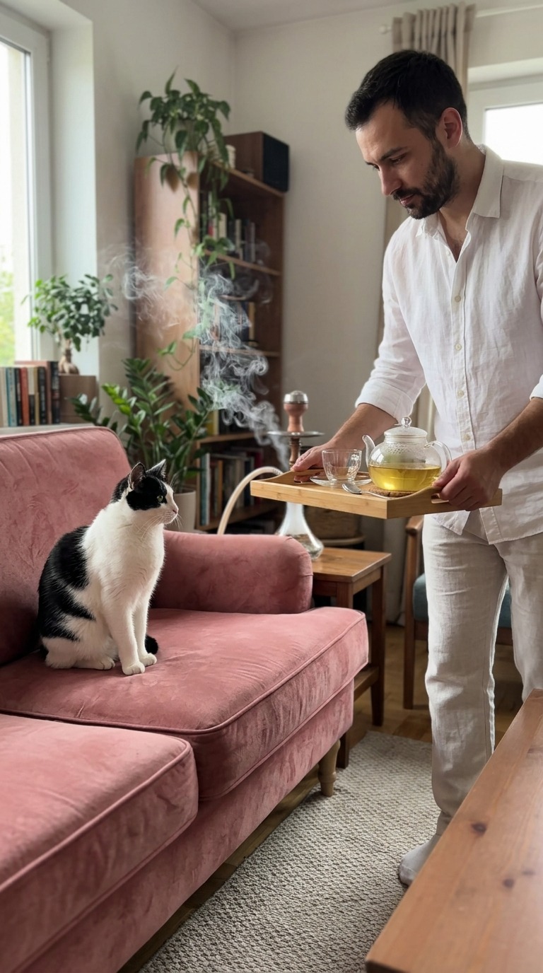 Realistic Cat Relaxing on Sofa with Hookah Smoke and Tea Serving Scene AI video prompt