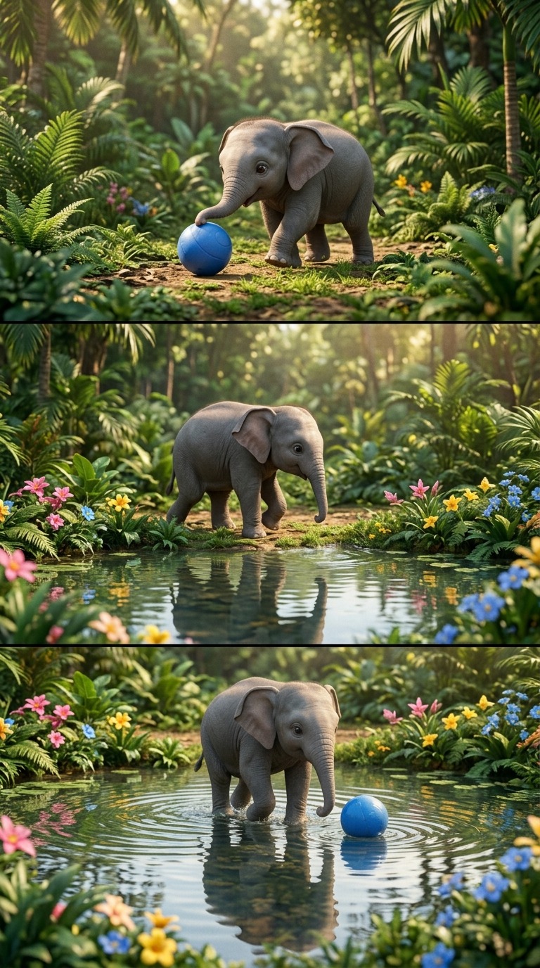 Cute Baby Elephant Playing With Blue Ball in Tropical Forest Pond AI video prompt