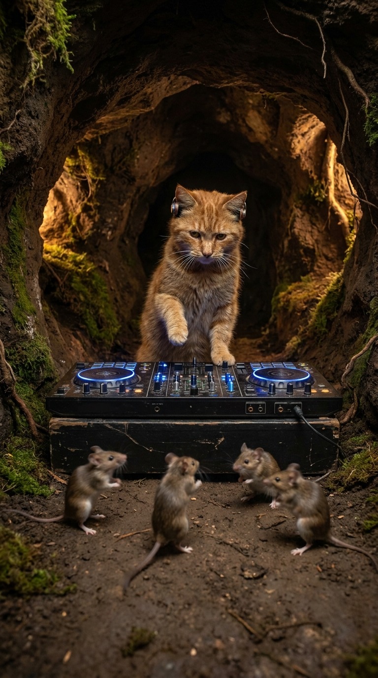 Cat DJ Cave Party AI video prompt