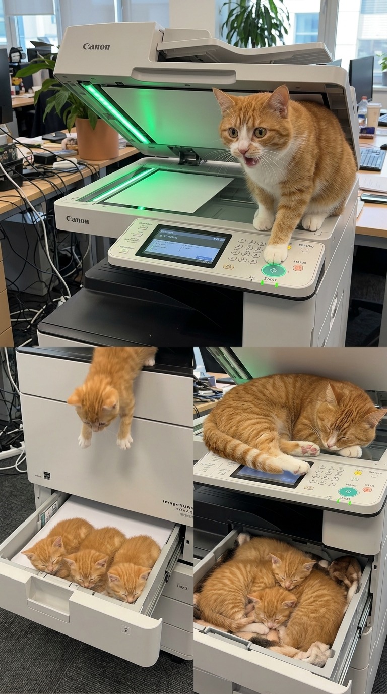 Adult Cat Uses Photocopier to Duplicate Kitten AI video prompt