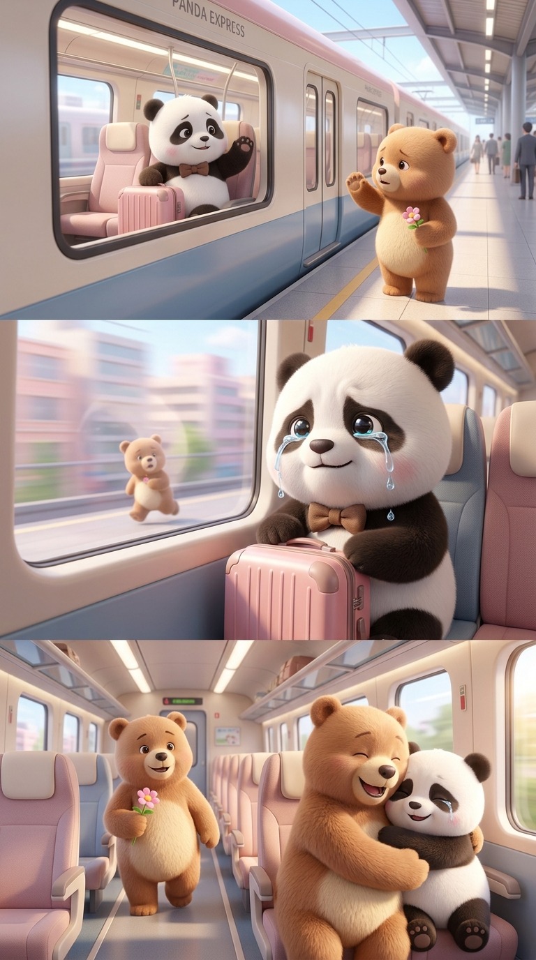 3D Animated Cute Bears Emotional Train Station Reunion Story AI video prompt