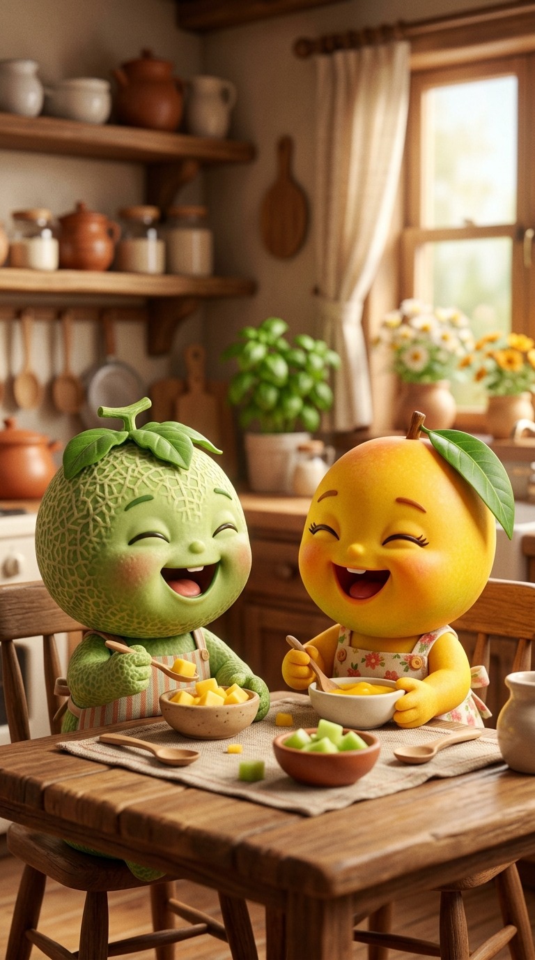 Cute Anthropomorphic Fruit Babies Feeding Each Other in Cozy Kitchen AI video prompt