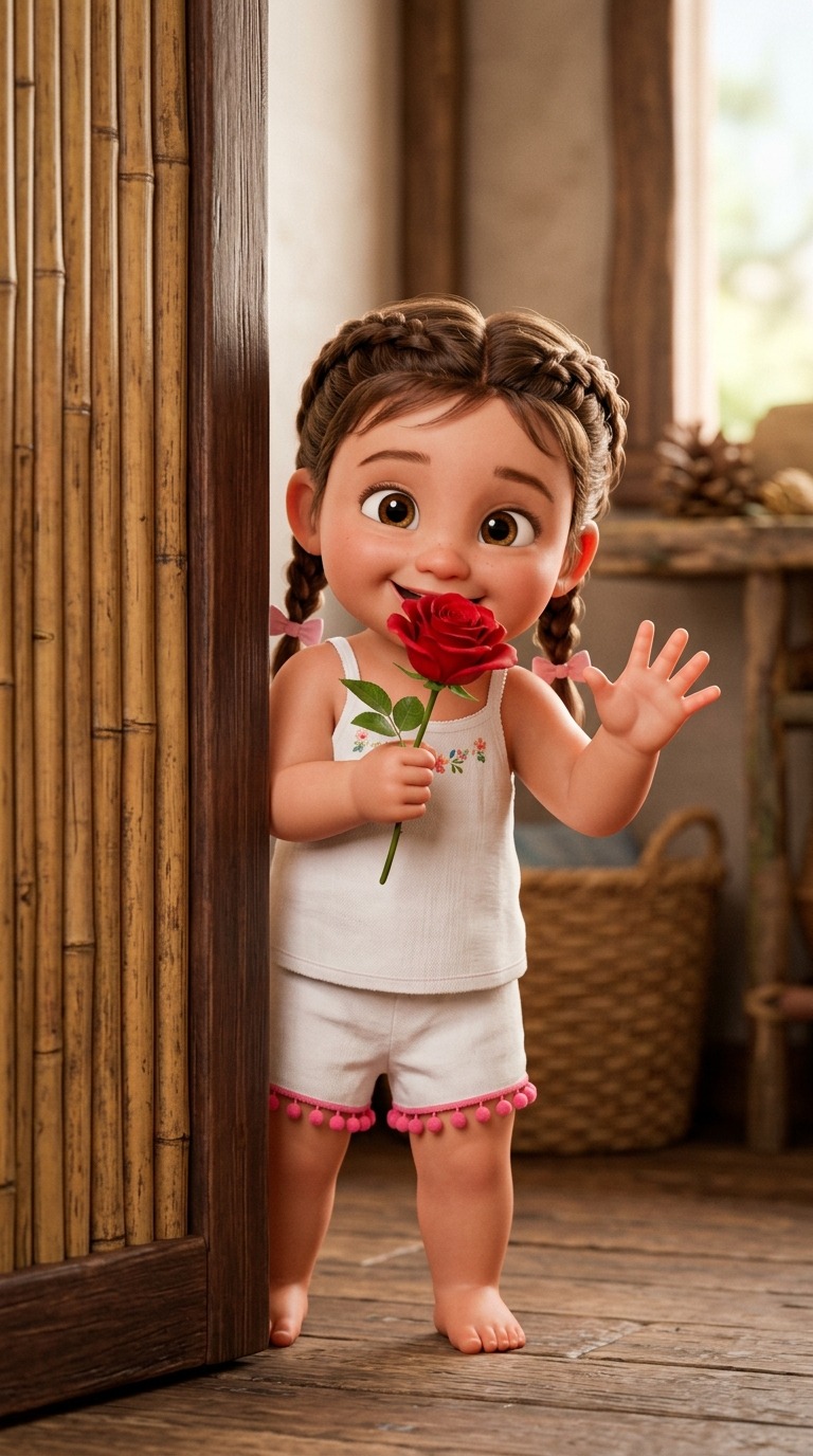 Cute 3D Animated Toddler Girl Peeking with Red Rose AI video prompt
