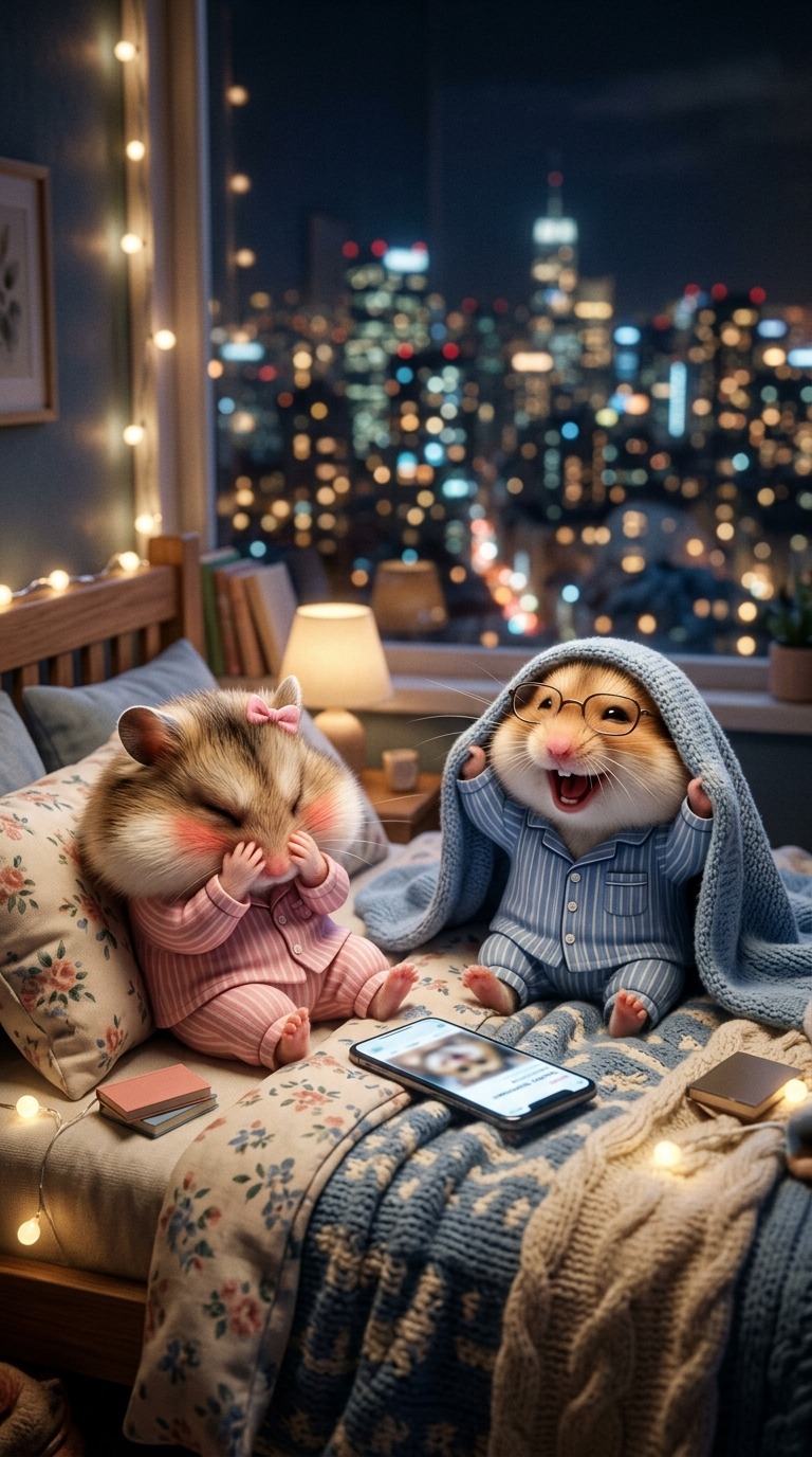Cute Hamsters in Pajamas Laughing at Phones in Bed AI video prompt