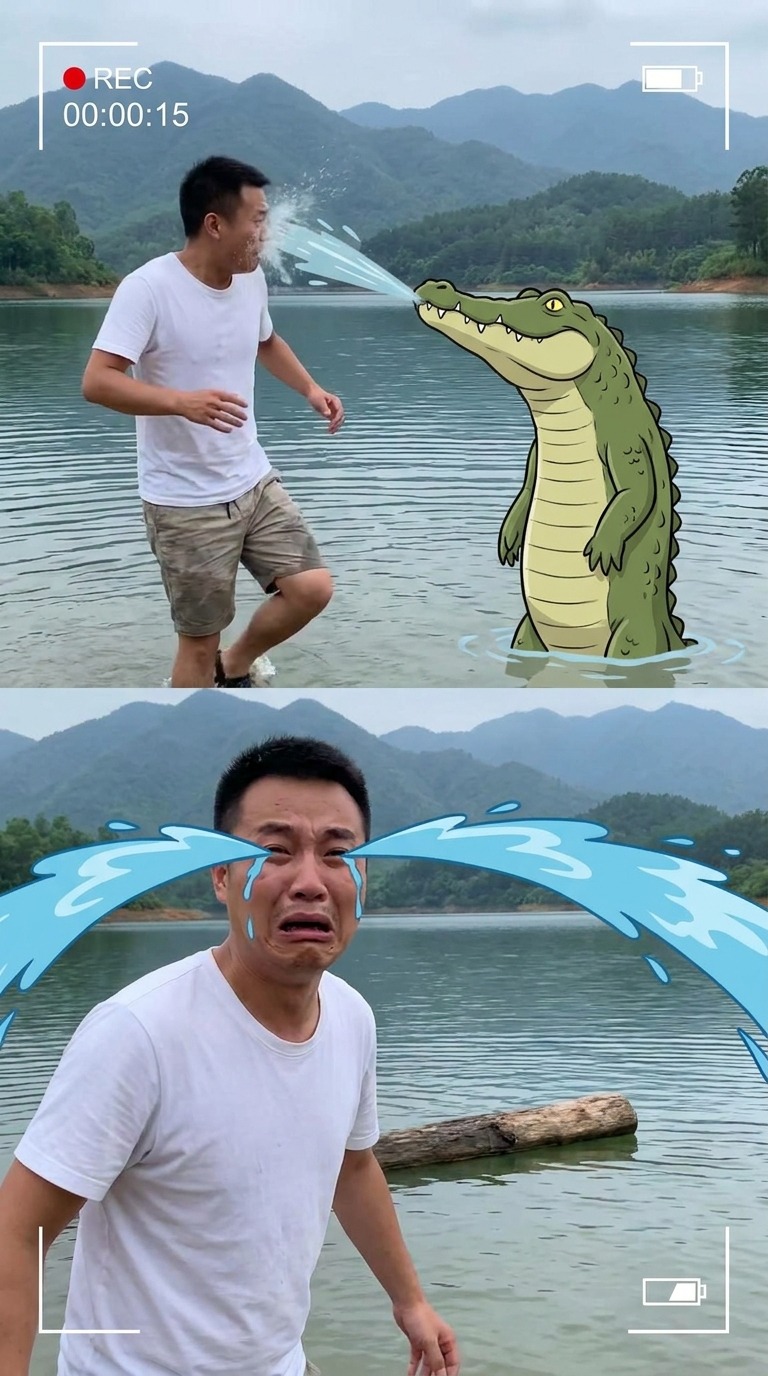 Crocodile Water Spray Prank AI video prompt