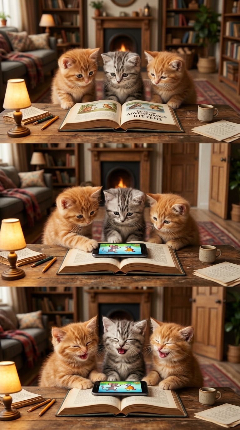 Three Cute Kittens Pretending to Read Book Then Secretly Watching Cartoon on Phone and AI video prompt