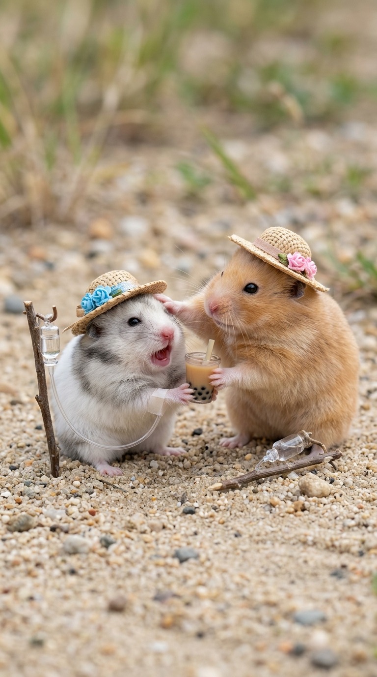Cute Hamsters Drinking Bubble Tea After Crying AI video prompt