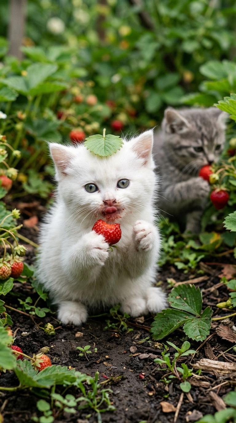 Cute Fluffy White Kitten Eating Strawberry in Garden with Grey Kitten Background AI video prompt