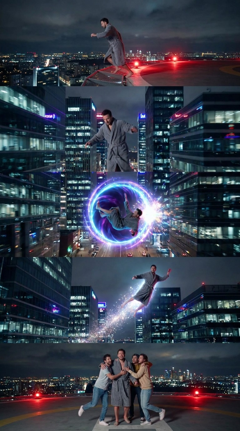Skyscraper Neon Portal Jump AI video prompt