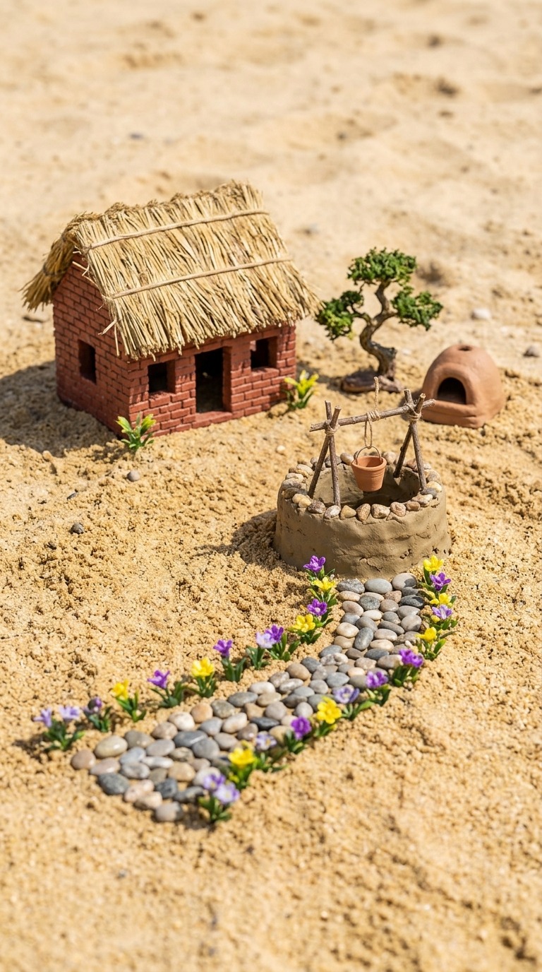 Miniature Clay Village Well Construction with Functional Water Bucket and Rustic Hut Diorama AI video prompt