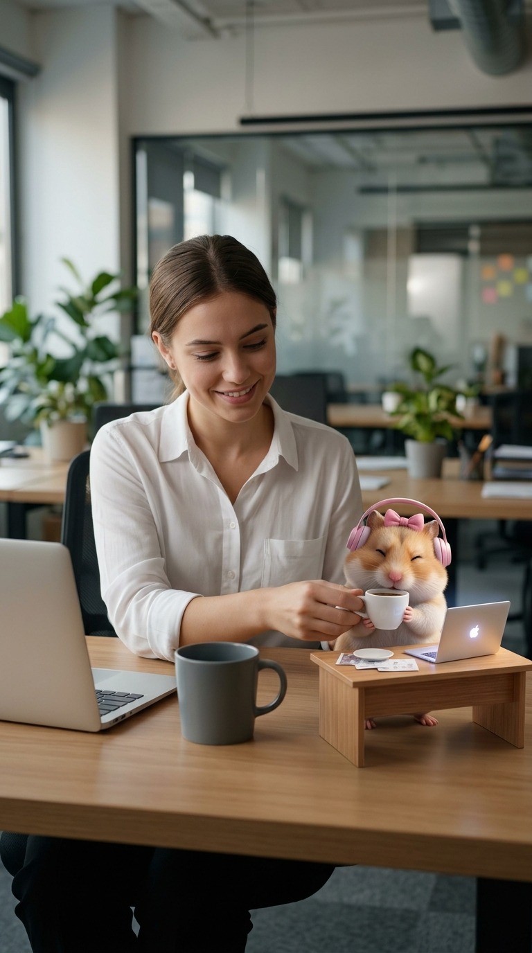 Cute 3D Hamster Office Worker with Tiny Laptop and Coffee Break AI video prompt
