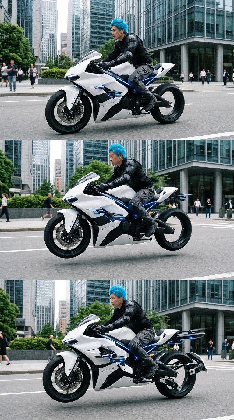 AI Video Prompt: Futuristic Flying Motorcycle Transformation on City…