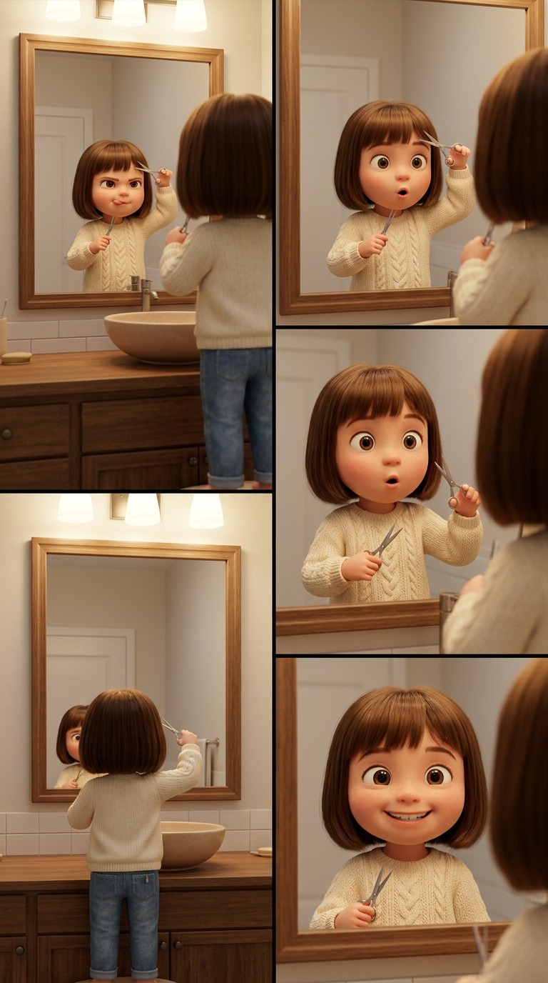 Cute 3D Animated Girl Cutting Her Bangs in Front of a Bathroom Mirror AI video prompt