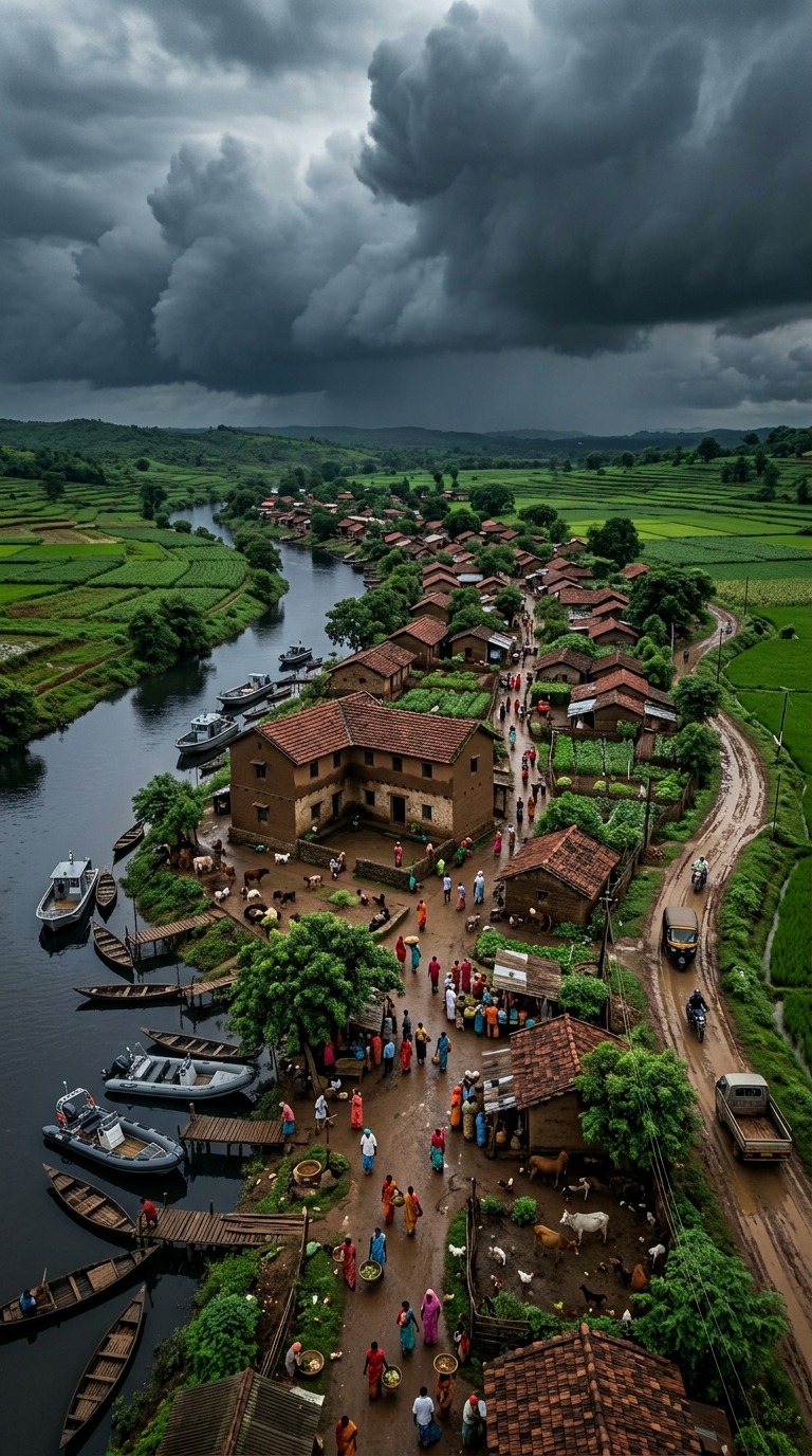 Cinematic Rural Village Storm Scene with Family Life Near River and Dark Thunder Clouds AI video prompt