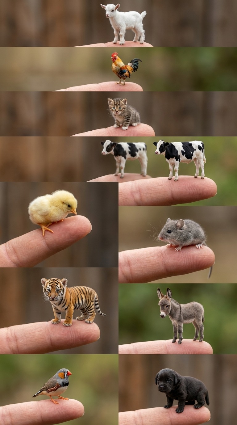 Tiny Baby Animals Standing on a Human Finger | Ultra Macro Wildlife Fantasy Video AI video prompt