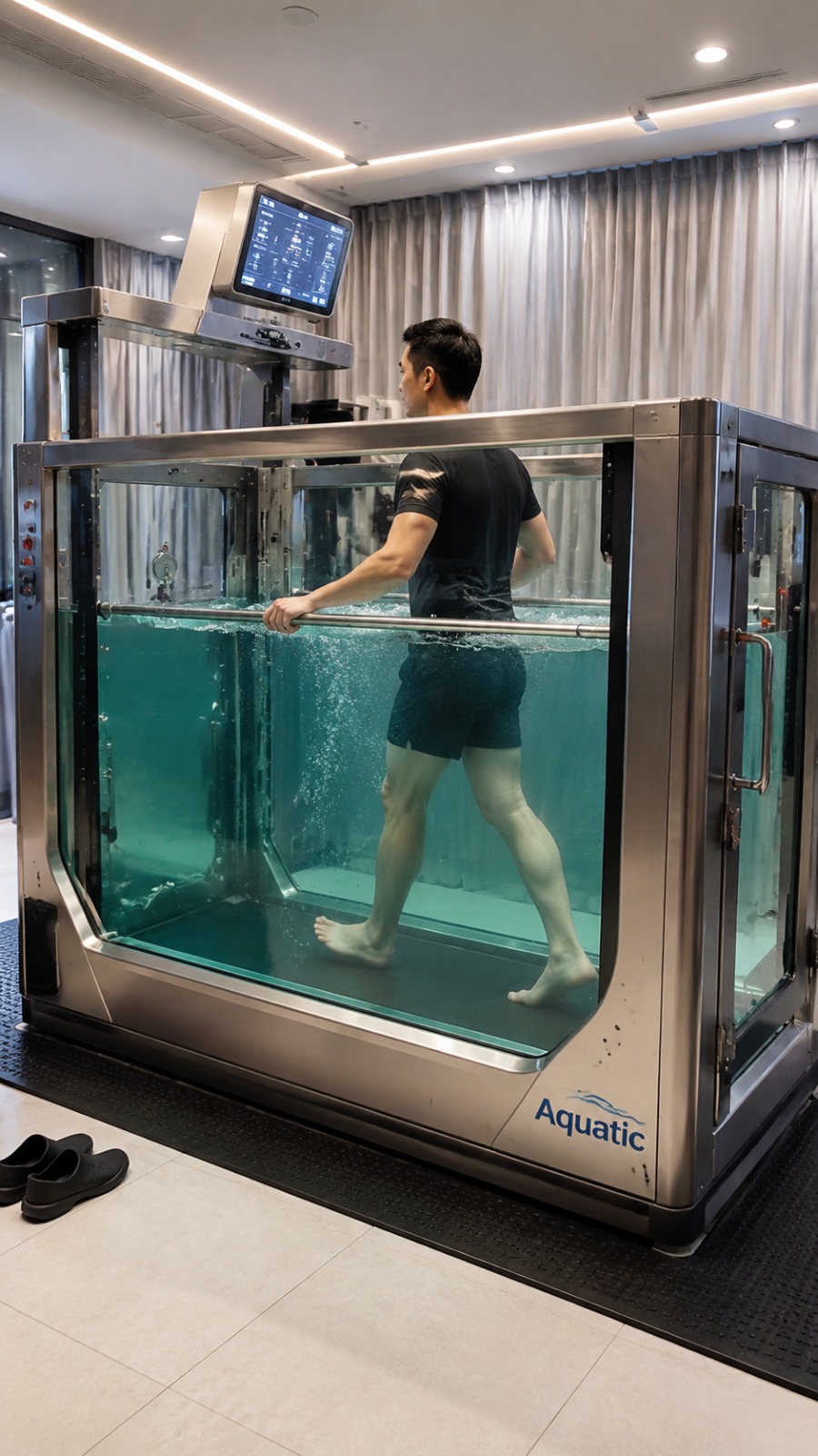 Man Walking Inside a Transparent Underwater Treadmill Aquatic Fitness Machine AI video prompt