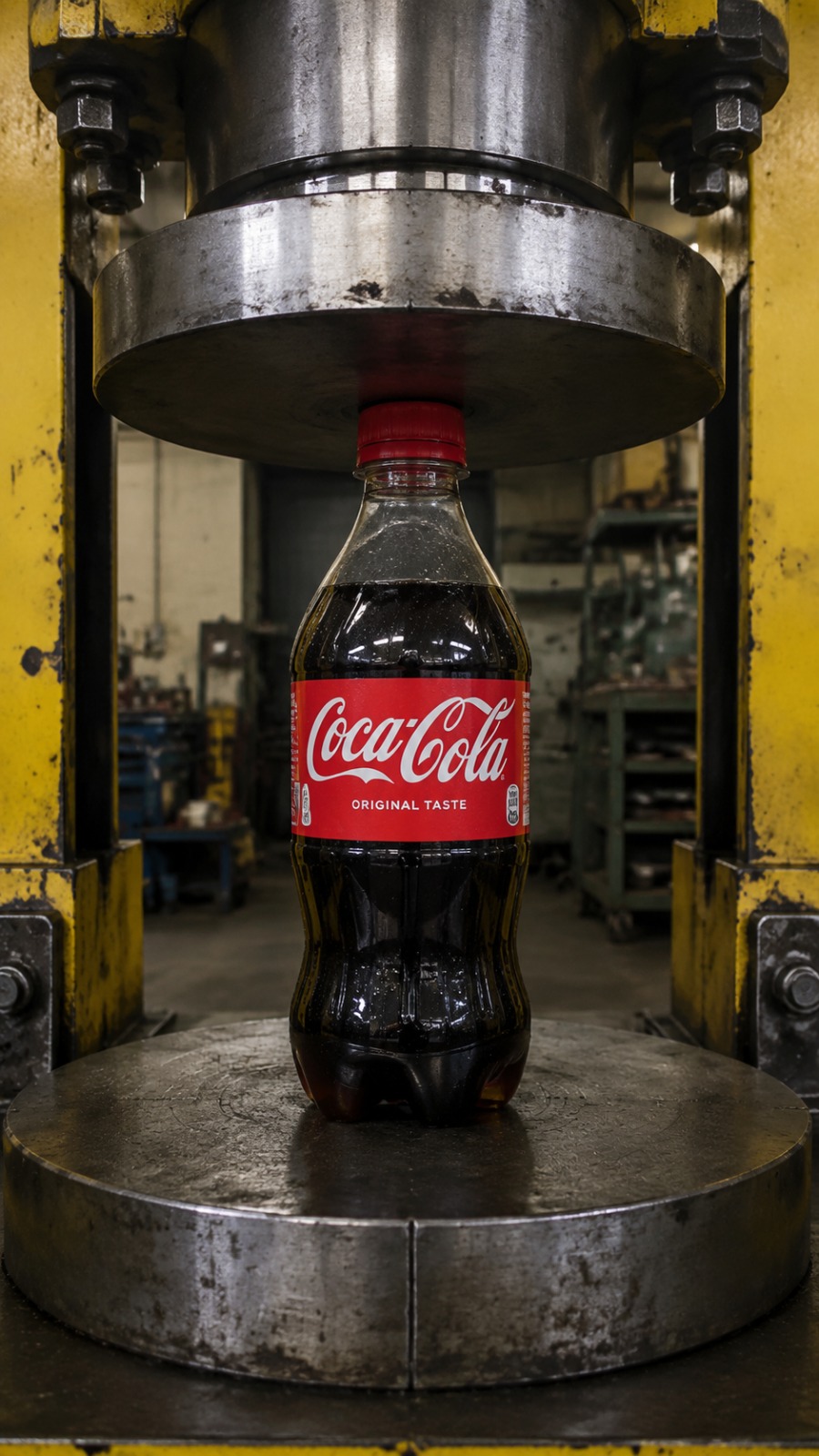 AI Video Prompt: Industrial Hydraulic Press Crushing Coca-Cola Bottle…