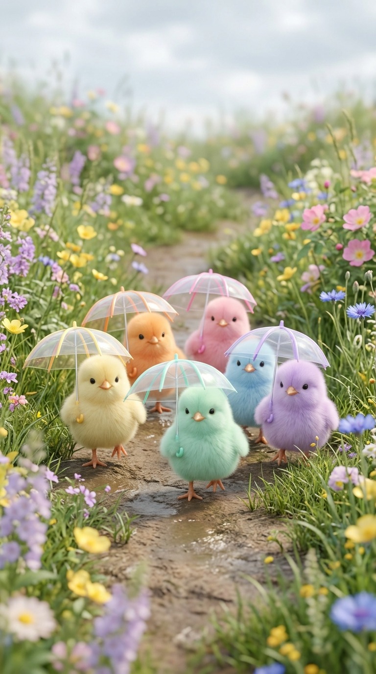 Cute Baby Chick Characters Walking Through a Magical Flower Meadow Under Colorful Umbrellas AI video prompt
