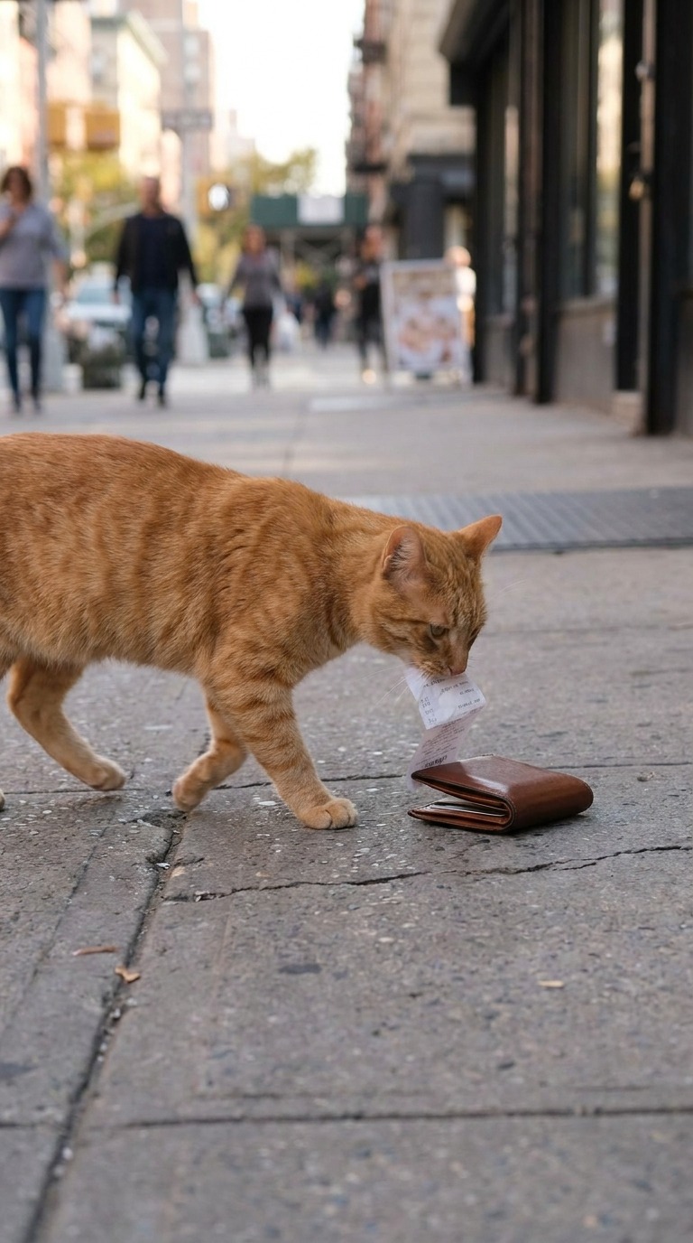 Realistic Orange Cat Finds a Wallet and Returns It on a City Street AI video prompt
