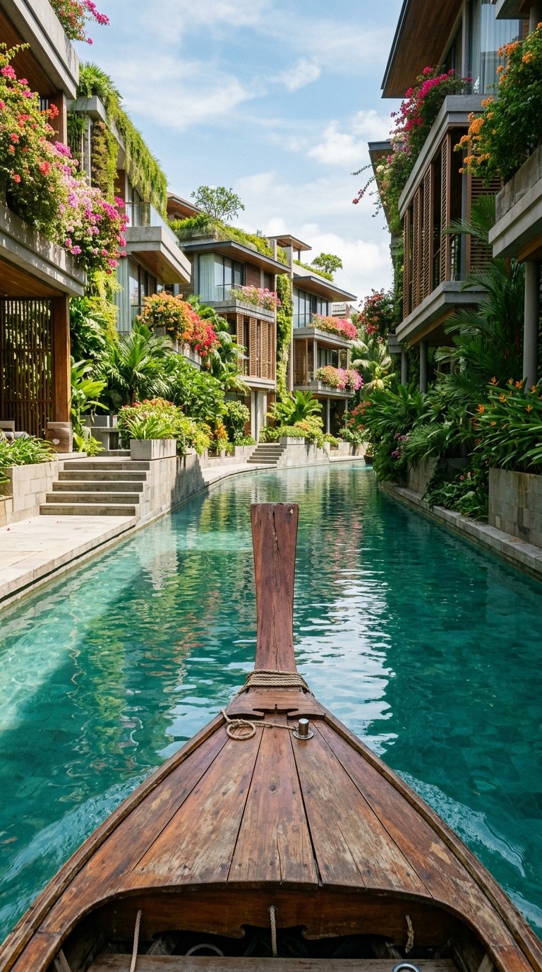 First Person Wooden Boat Ride Through a Tropical Luxury Canal City AI video prompt