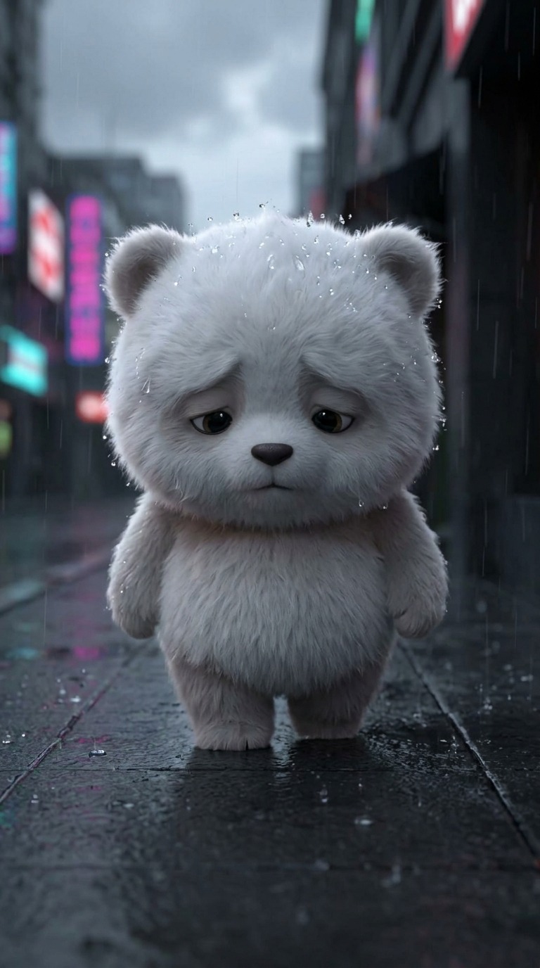 Cute Panda Bear Friendship Story in Rainy Street with Umbrella AI video prompt