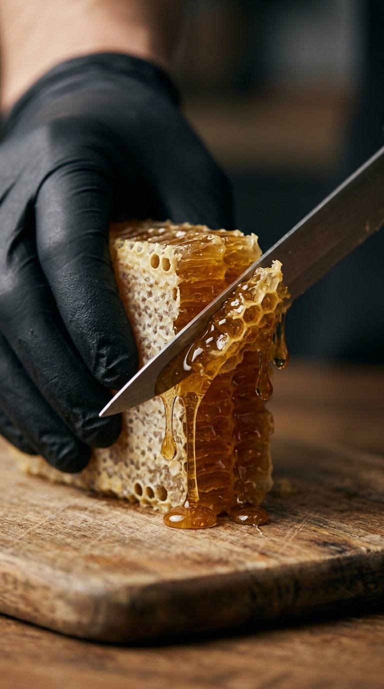 Macro Honeycomb Cutting ASMR With Flowing Golden Honey AI video prompt