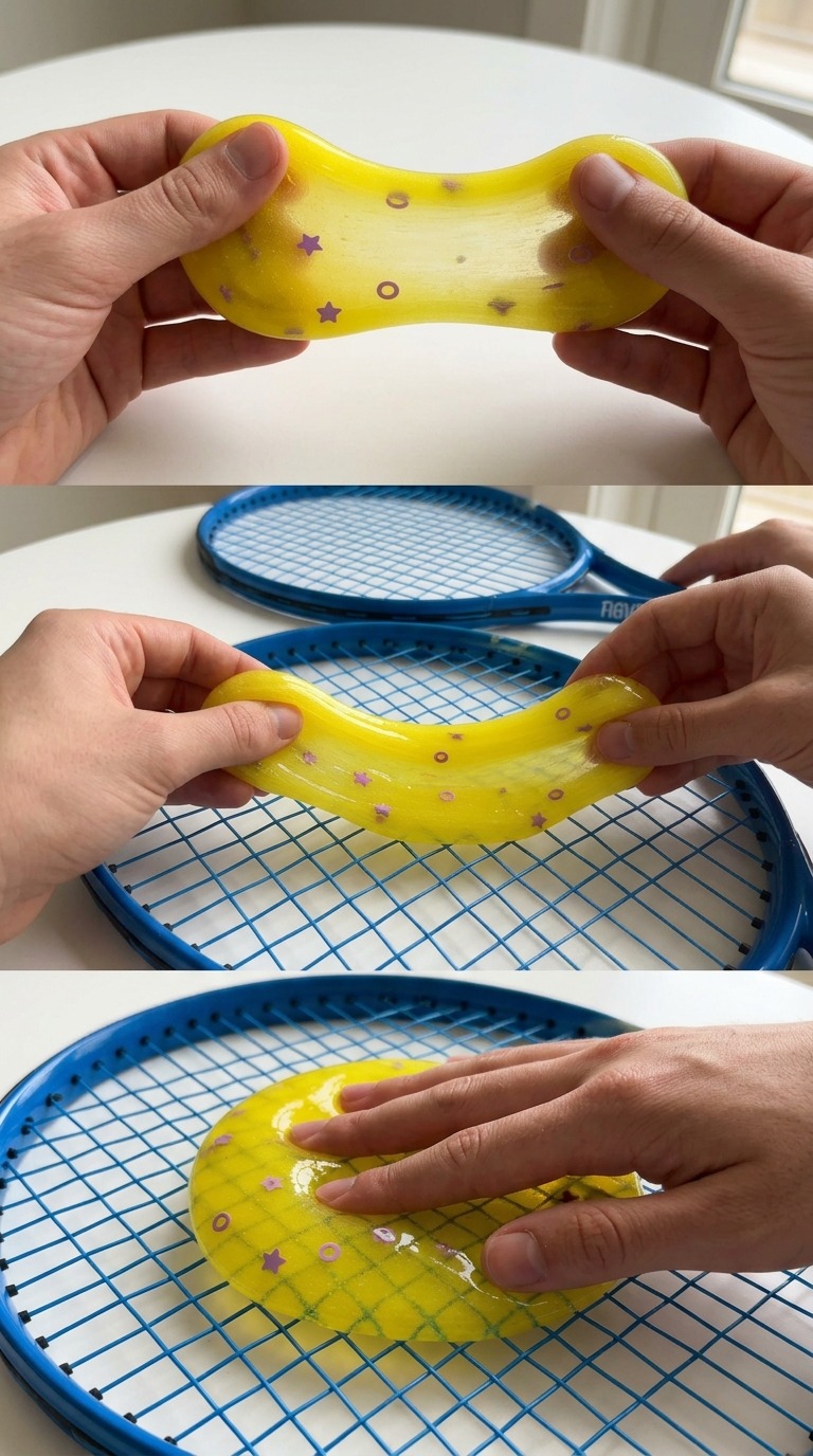 Yellow Slime Tennis Racket Stretching ASMR Transformation AI video prompt