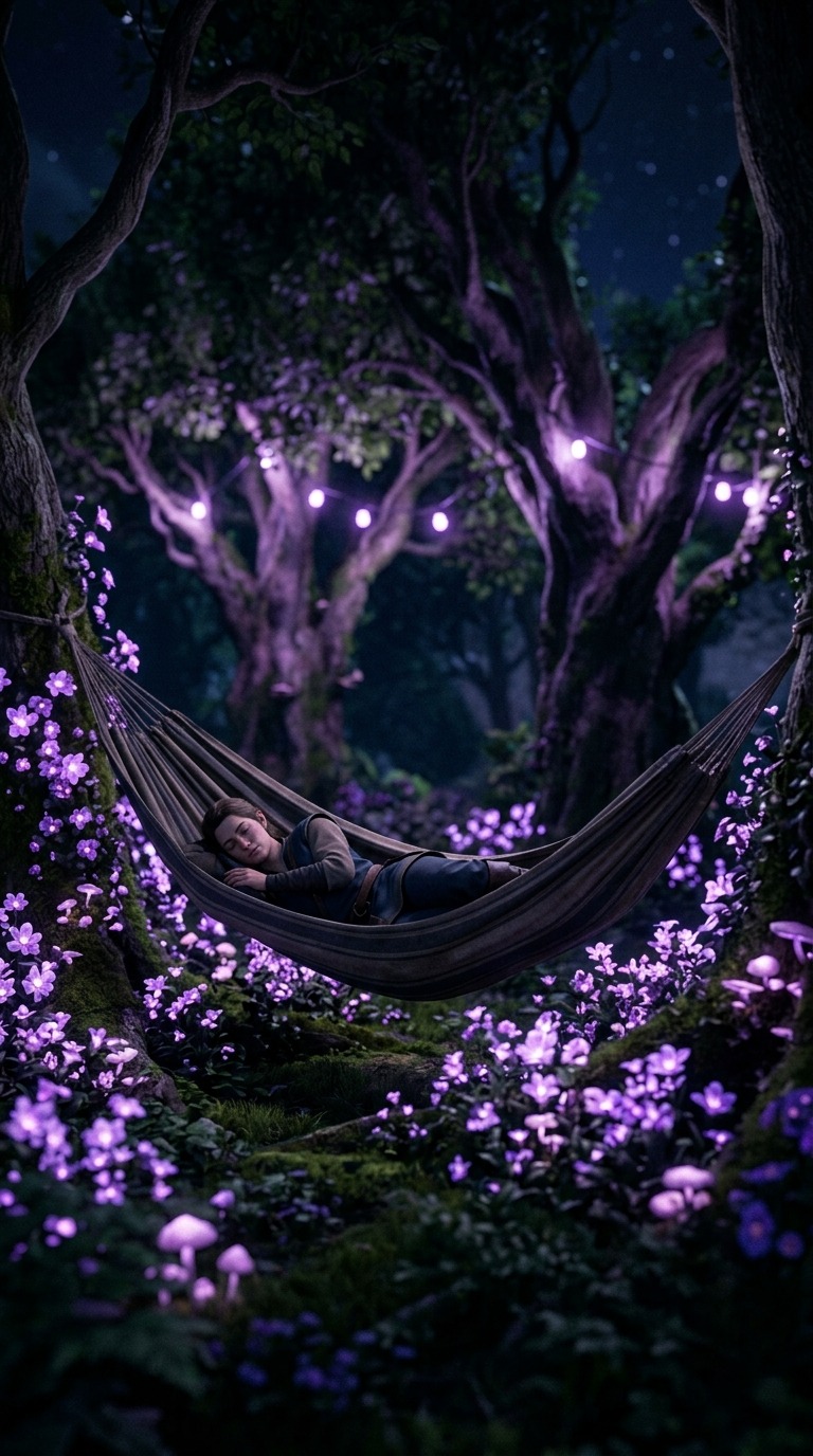 Woman Relaxing in a Glowing Purple Flower Garden at Night AI video prompt