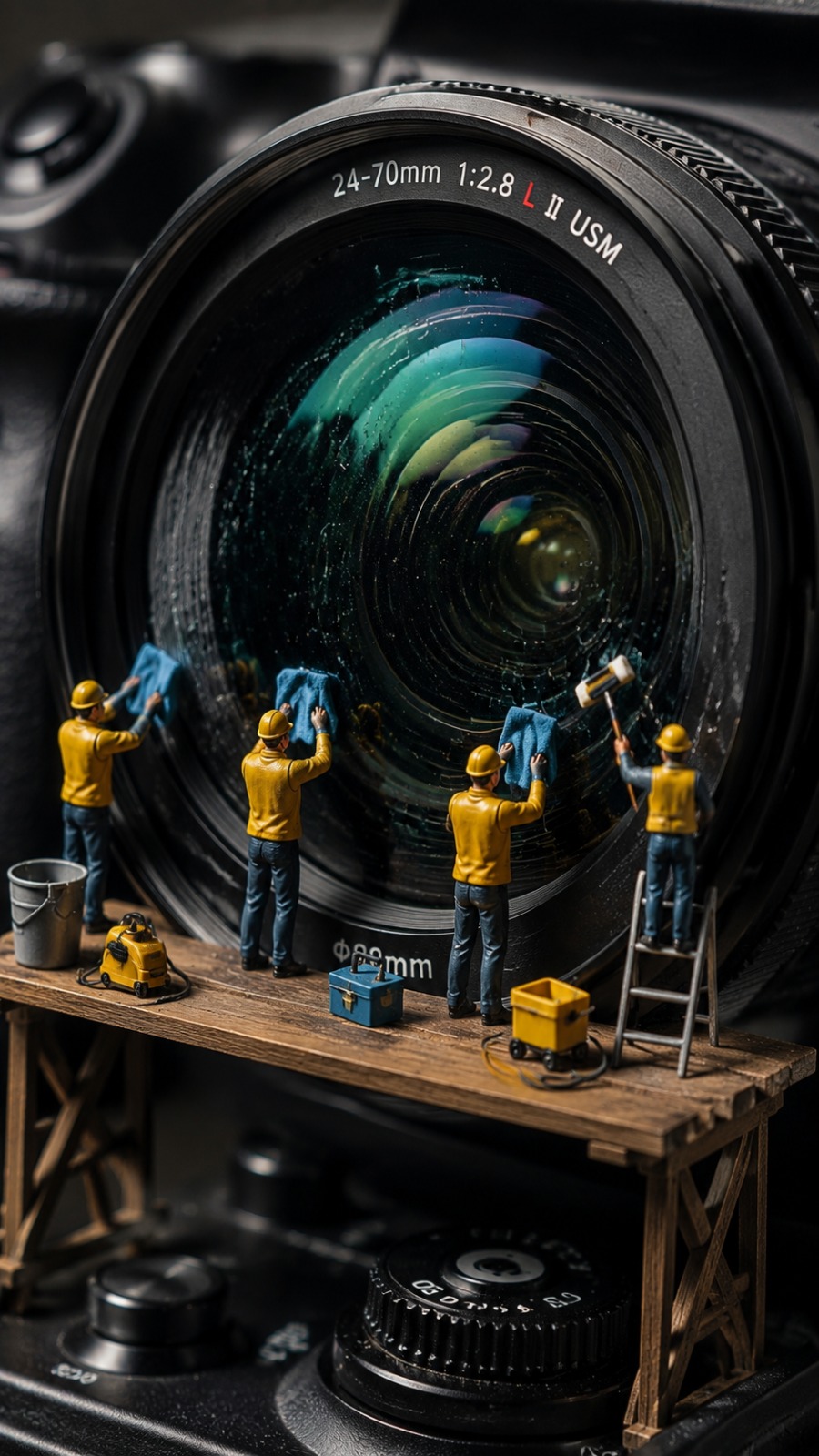 Mini Workers Clean Camera Lens AI video prompt