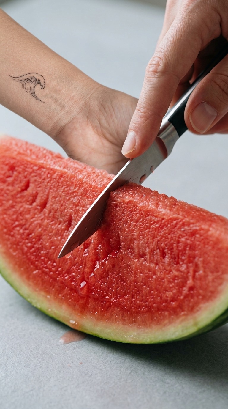 Realistic Close-Up Watermelon Cutting Preparation ASMR Video AI video prompt