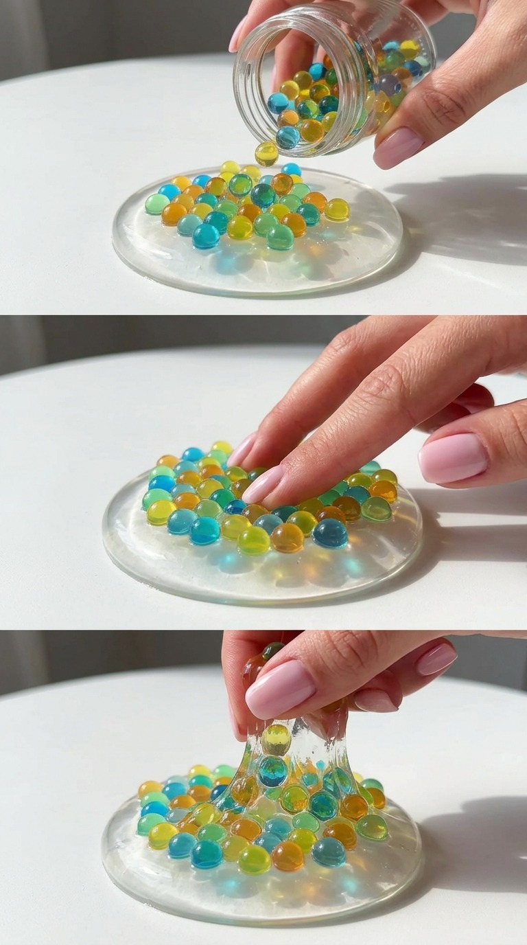 AI Video Prompt: Colorful Rainbow Water Beads Explosion and Squishy…