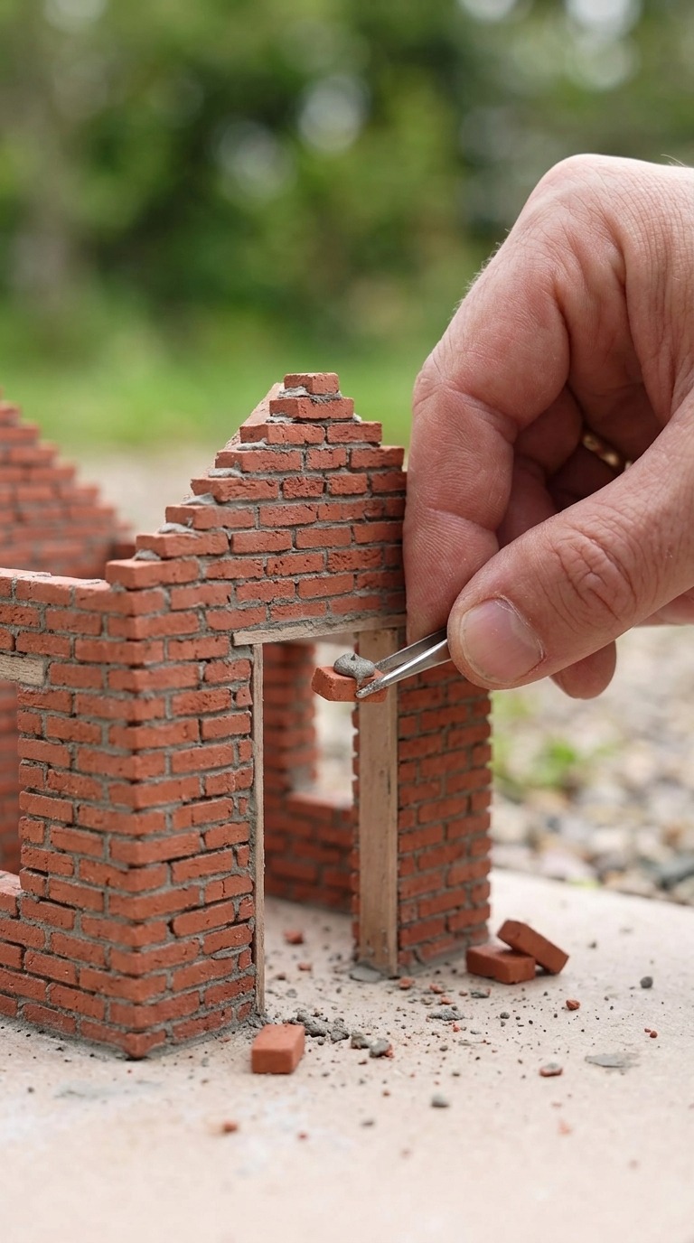 Miniature Brick House Construction Workshop with Realistic Handcrafted Building Process AI video prompt