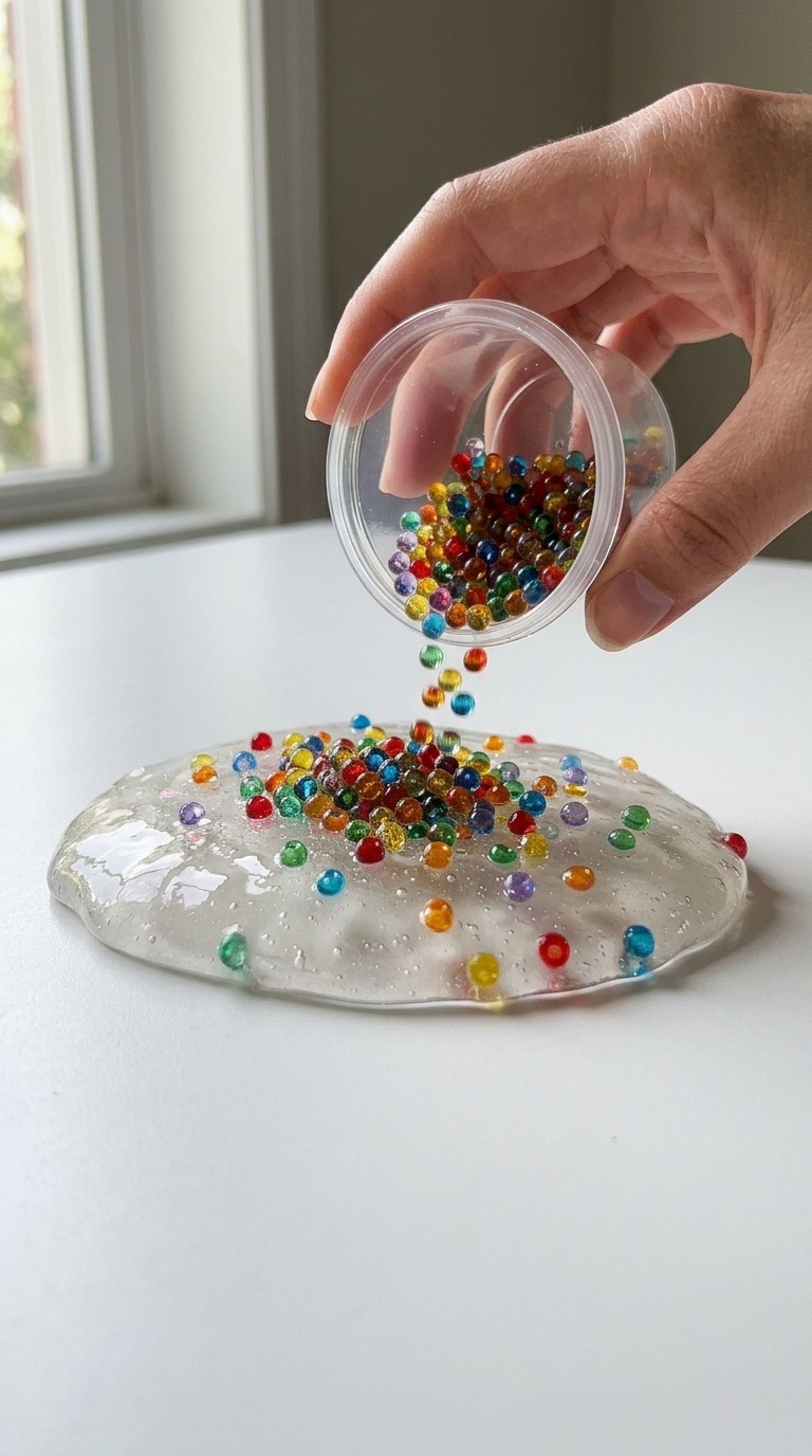 Colorful Crystal Bead Slime Stretching ASMR Macro Transformation Video AI video prompt