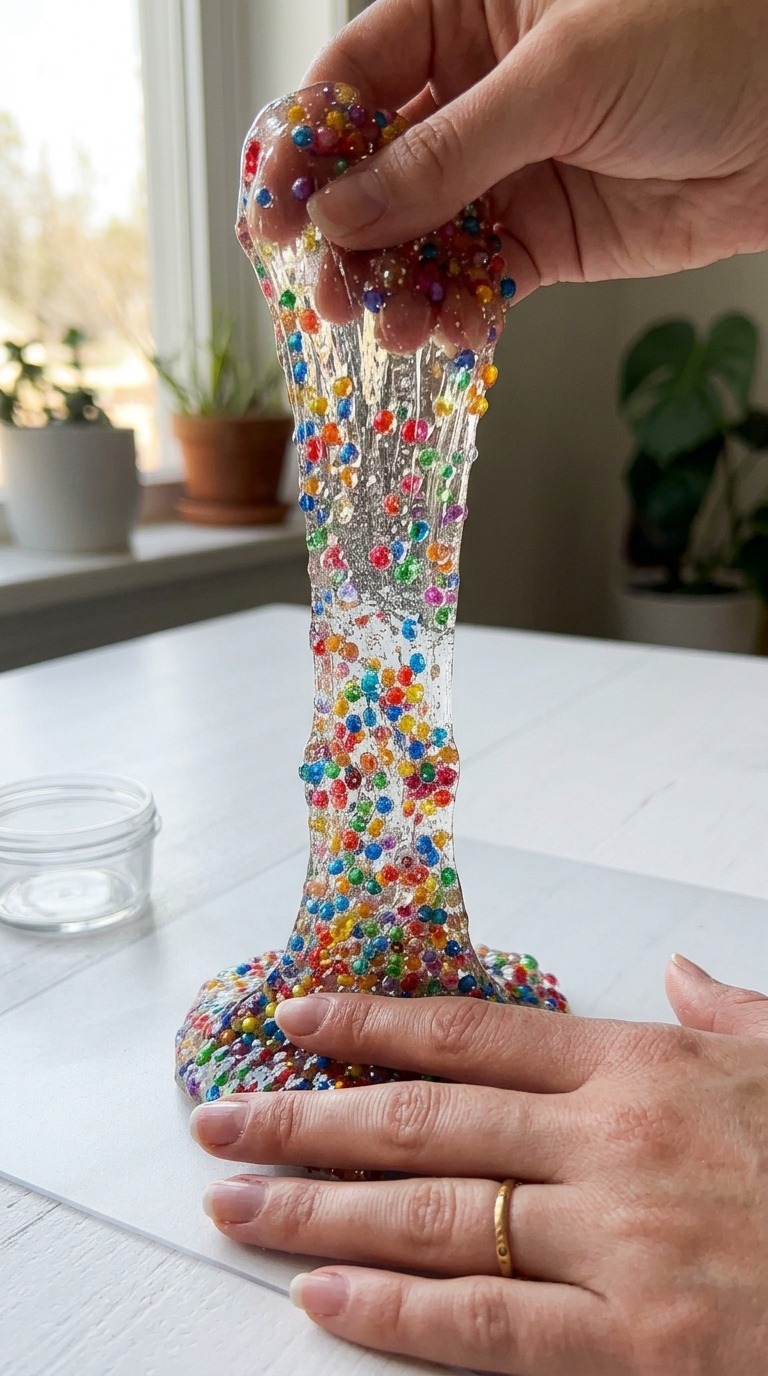 Colorful Crystal Bead Slime Stretching ASMR Macro Transformation Video AI video prompt