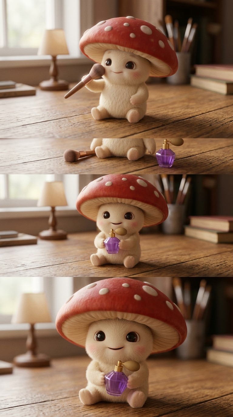 Cute Mushroom Character Self-Care Routine with Makeup and Perfume Animation AI video prompt