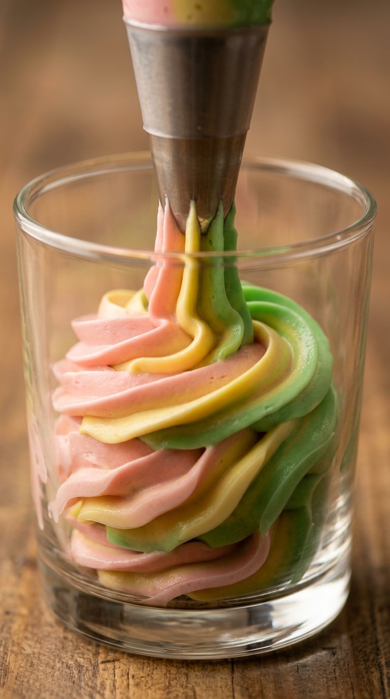 Rainbow Cream Piping Decoration in Glass Cup Macro Food ASMR AI video prompt