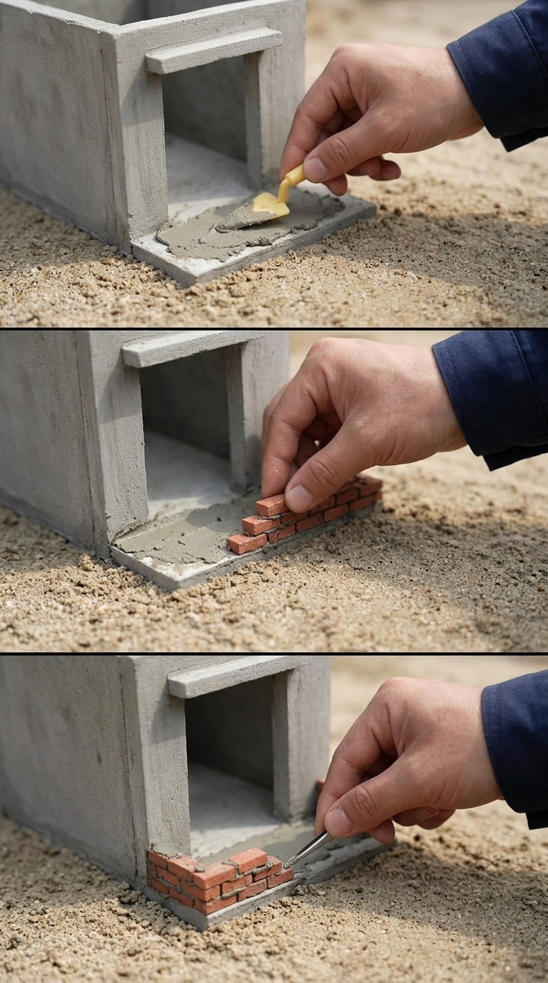AI Video Prompt: Miniature Brick House Entrance Construction With…