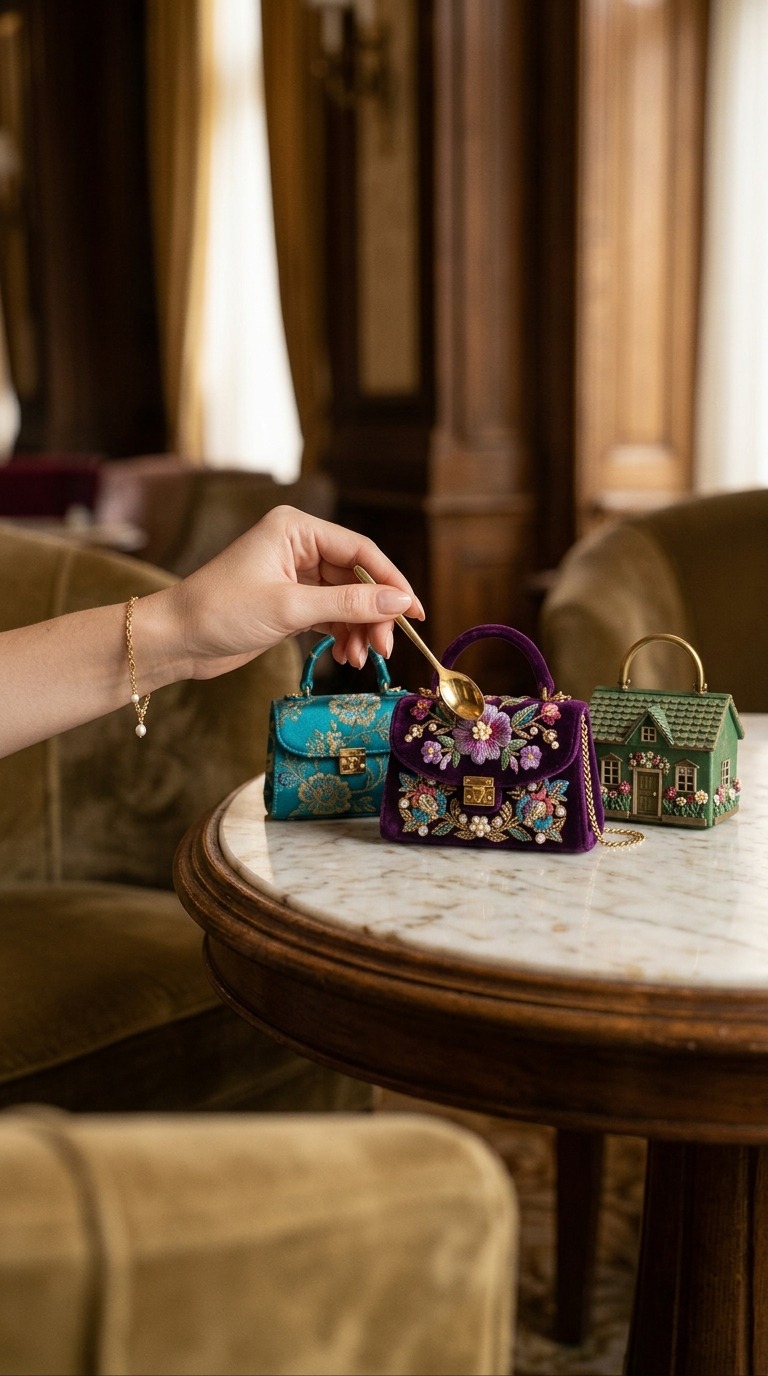 Luxury Miniature Handbag Dessert-Inspired Reveal with Elegant Macro Hand Interaction AI video prompt