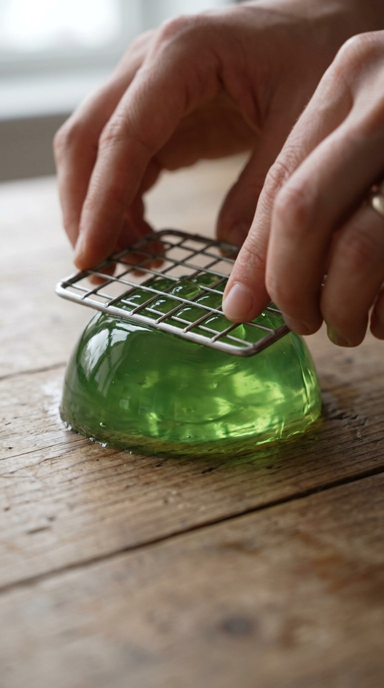Macro Green Jelly Block Compression and Grid Cutting ASMR Video AI video prompt