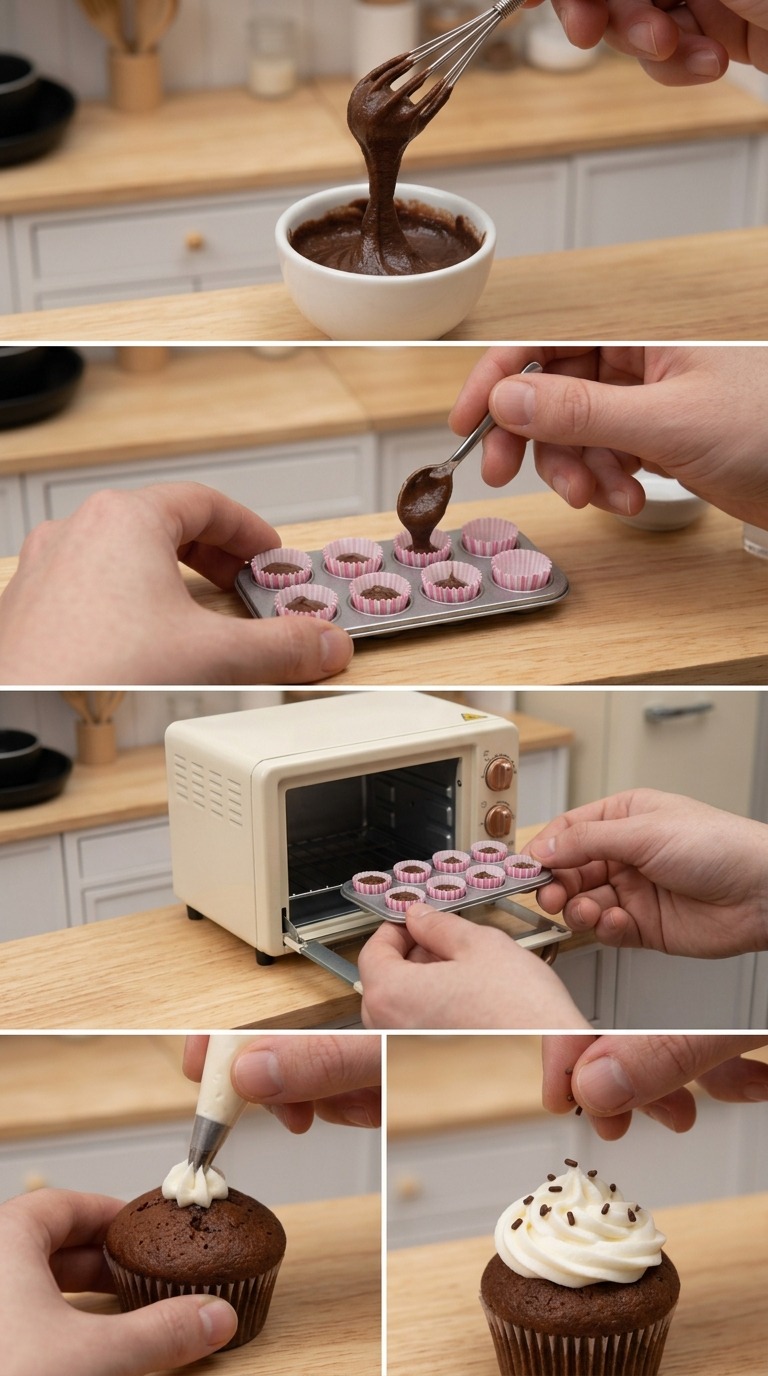 Miniature Chocolate Cupcake Baking and Decoration in a Tiny Kitchen AI video prompt