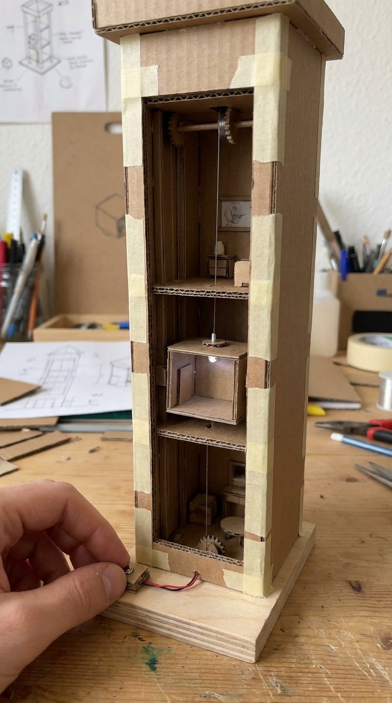AI Video Prompt: Miniature Cardboard Elevator