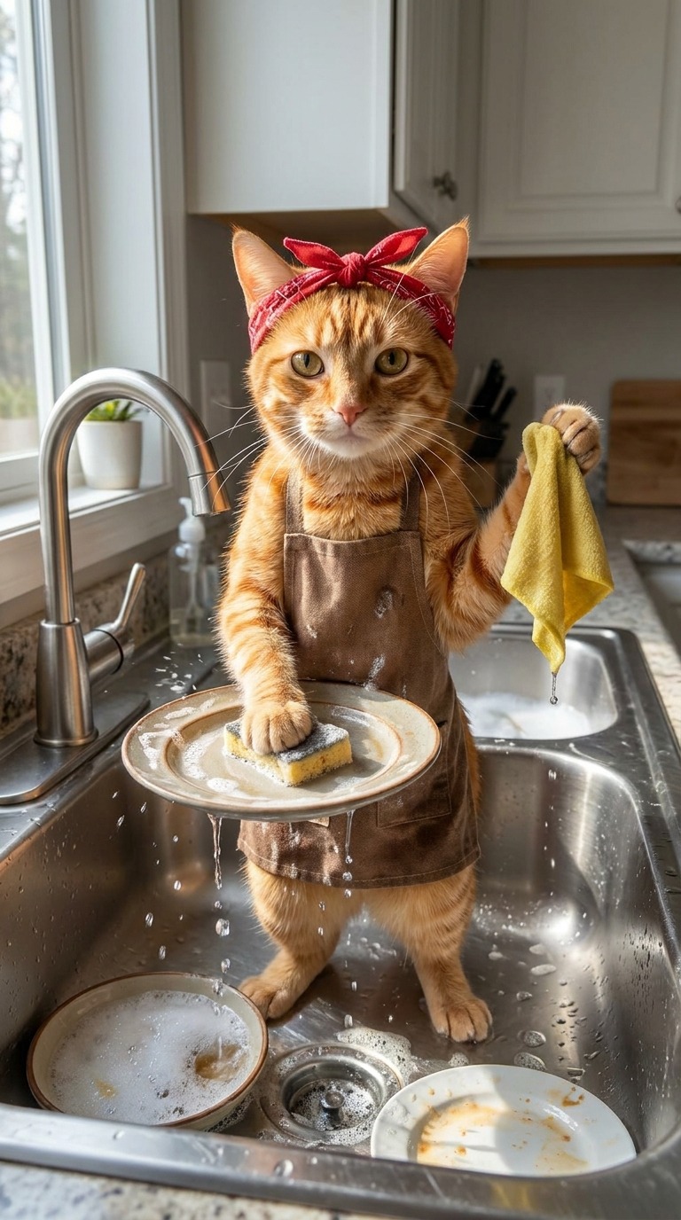 AI Video Prompt: Cat Washing Dishes