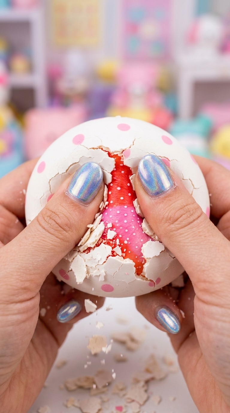 ASMR Macro Close-Up of Crushing a Pastel Hard-Crust Squishy Toy AI video prompt