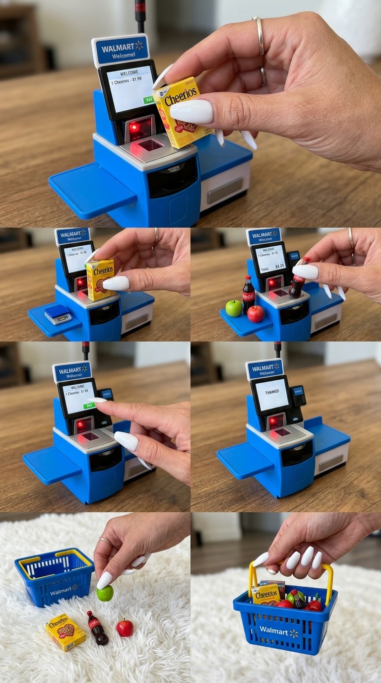 Miniature Walmart Self-Checkout Toy Play - Macro Grocery Scanning AI video prompt