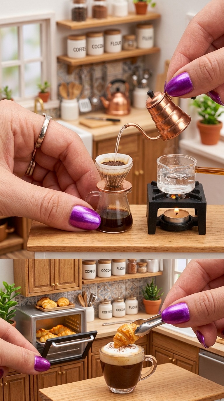 Miniature Coffee Making and Pastry Dipping ASMR - Giant Hand Macro Video Prompt AI video prompt