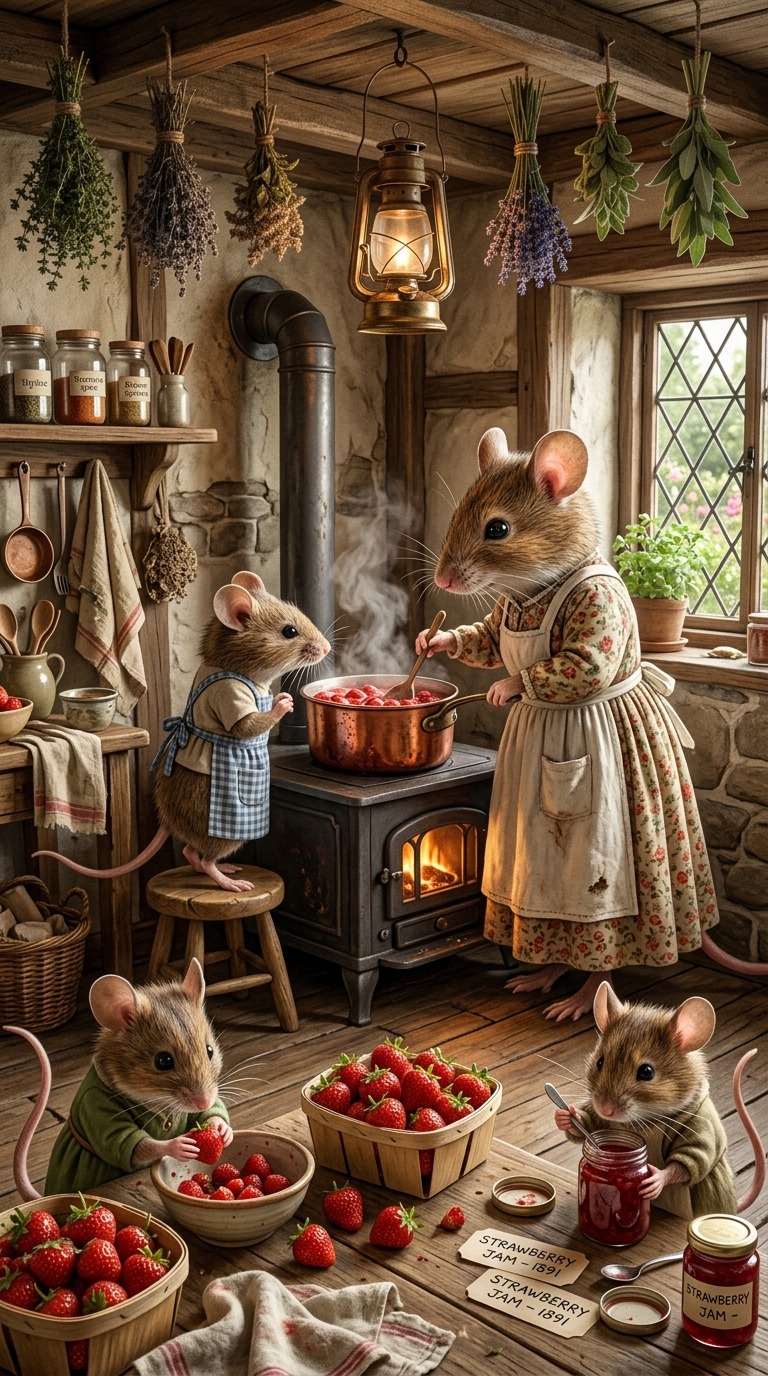 Anthropomorphic Mice Cooking Strawberry Jam in a Rustic Cottage Kitchen AI video prompt