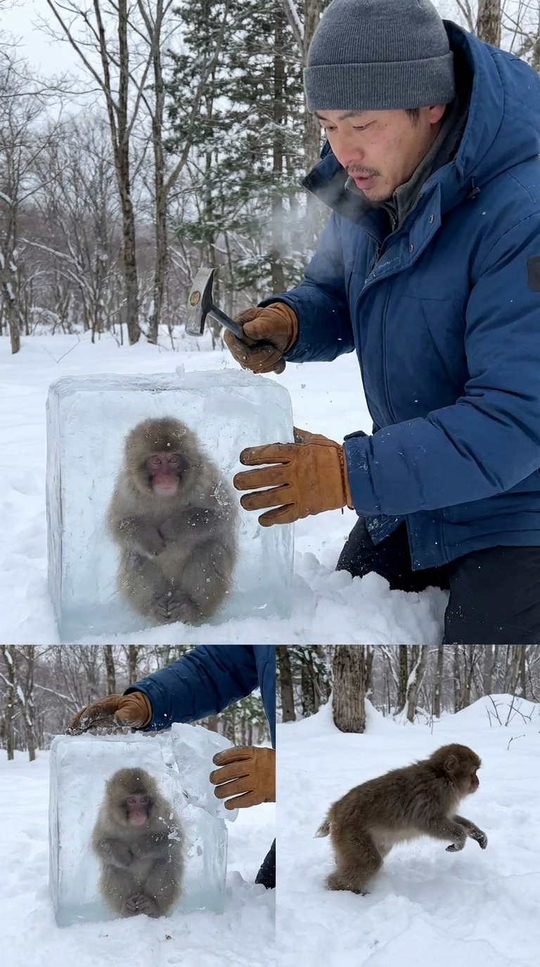 Rescuing Frozen Snow Monkey AI video prompt