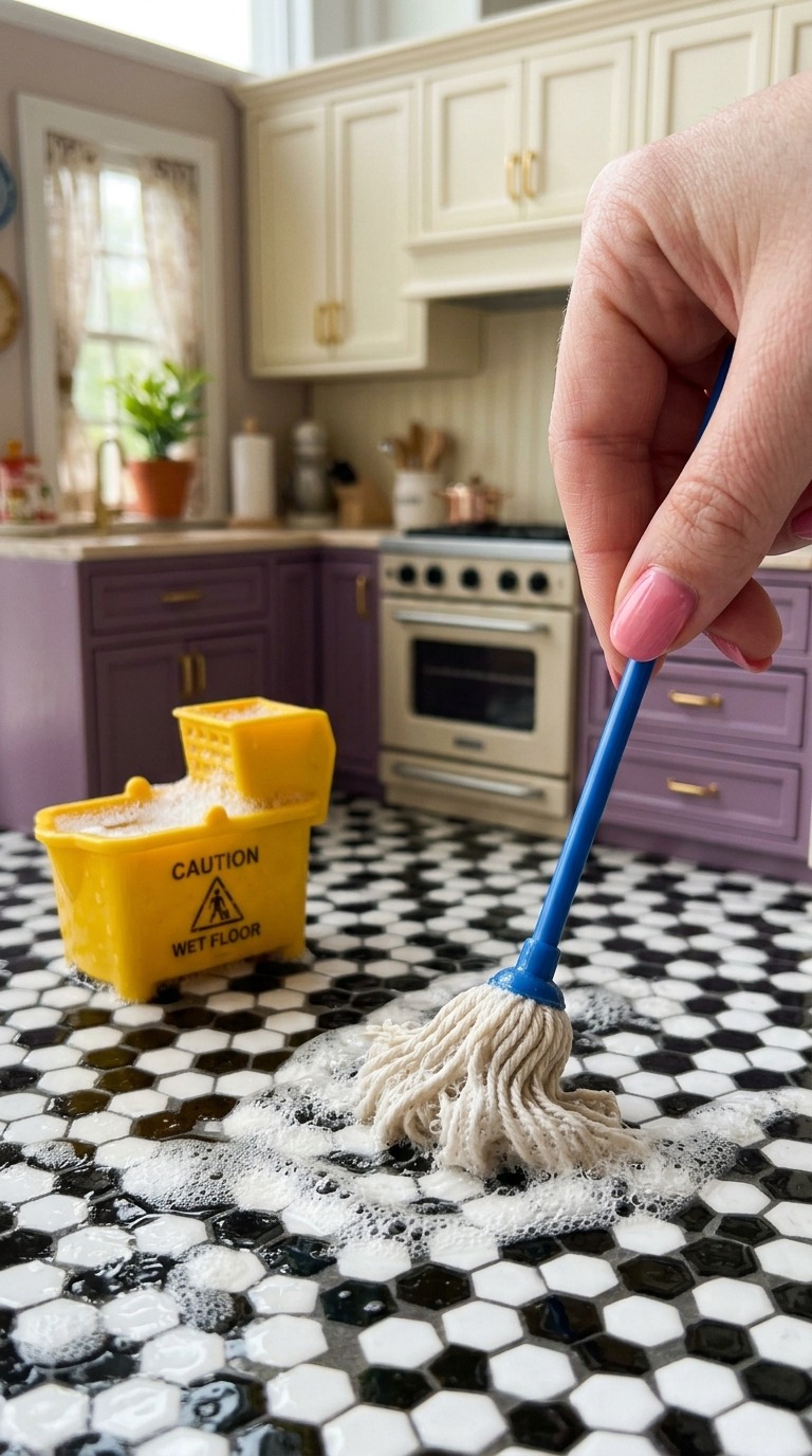 Miniature Wet Floor Cleaning ASMR: AI video prompt
